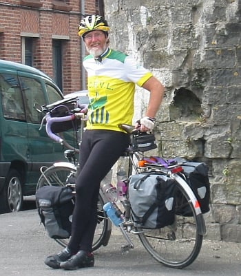 Edward Hasbrouck on a bicycle in Bergues, France (Flanders)